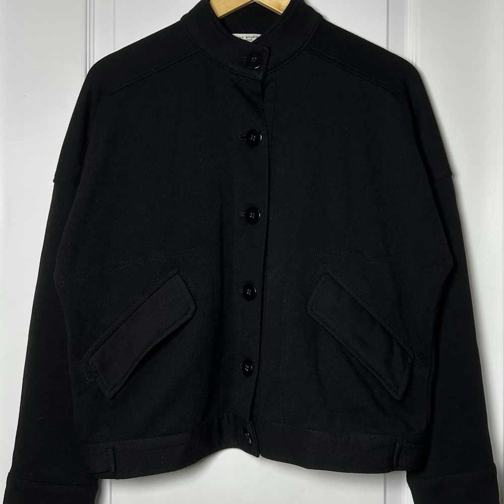 Max Studio London Black Cropped Stand Collar Button Front Boxy Utility Jacket